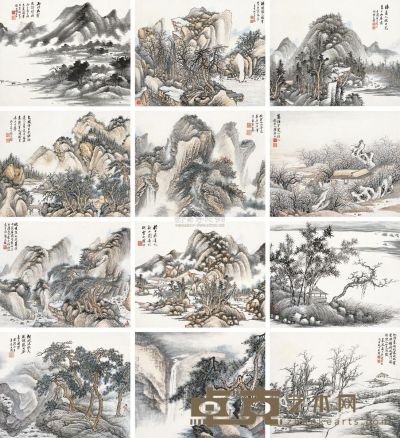 张石园 乙亥（1935年）作、丙子（1936年）作 山水 册页 （十二开） 31×38cm×12