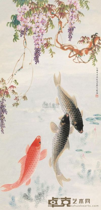 吴青霞 乙酉（1945）年作 紫藤锦鲤 立轴 110×53.5cm