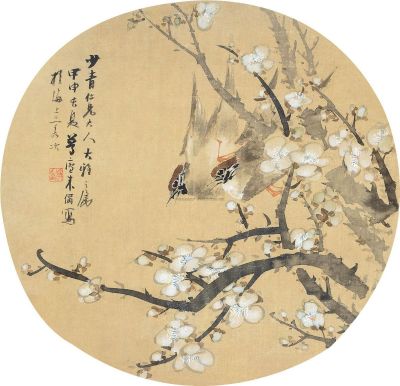 朱偁 甲申（1884）年作 梅雀迎春 团扇片连框