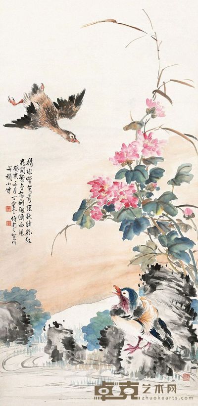 丁宝书 癸亥(1923)年作 芙蓉鸳鸯 立轴 133×66cm
