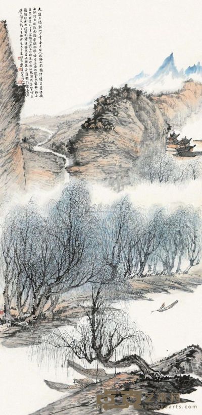 郑午昌 乙亥（1935）年作 柳溪钓艇 镜片 132×65cm
