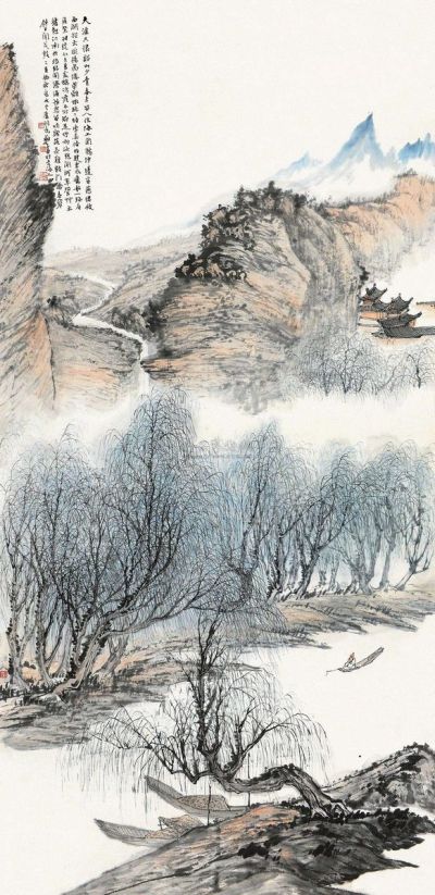 郑午昌 乙亥（1935）年作 柳溪钓艇 镜片