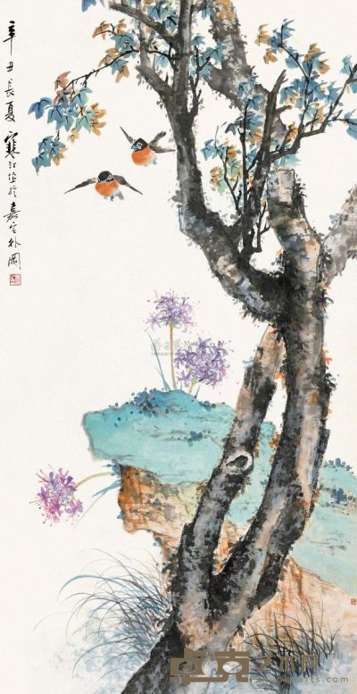 江寒汀 辛丑（1961）年作 桐阴飞禽 立轴 127.5×67cm