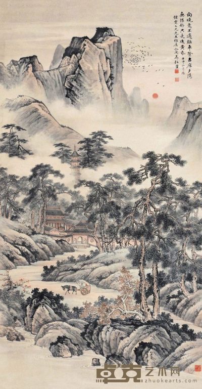 马骀 壬申（1932）年作 晚山夕照 立轴 148×80cm