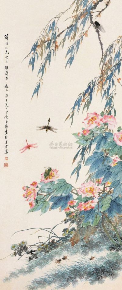 陈康侯 庚午（1930）年作 柳荫草虫 立轴