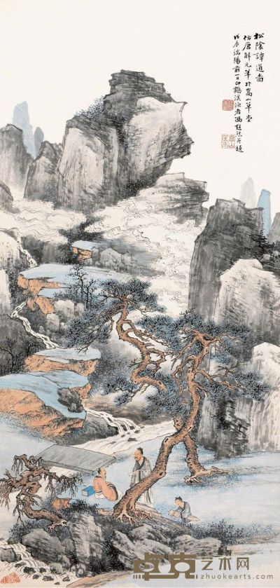 冯超然 戊辰（1928）年作 松阴谭道 立轴 105.5×50cm