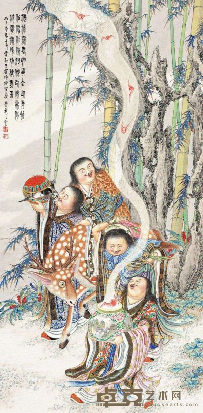 王鹤 丙子（1936）年作 福禄寿喜 立轴 135.5×67cm