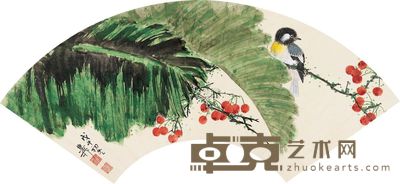 谢稚柳 戊午(1978)年作 红果山禽 扇片 18×51cm