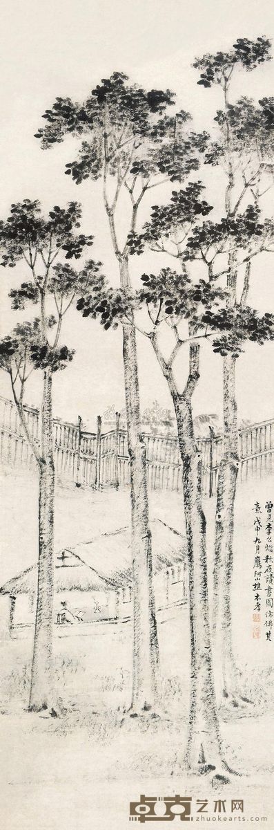 戴本孝 戊申（1668）年作 秋夜读书 立轴 127×42cm