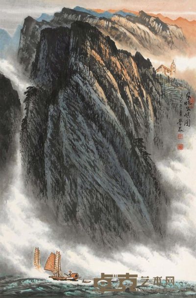岑学恭 己巳（1989）年作 风帆出峡 镜片 68×45cm