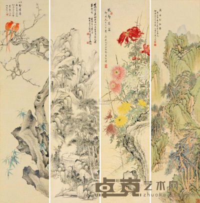张石园 江寒汀 等 庚辰（1940）年作 祝寿图 （四幅） 屏轴 134×32cm×4
