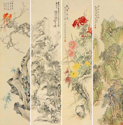 张石园 江寒汀 等 庚辰（1940）年作 祝寿图 （四幅） 屏轴