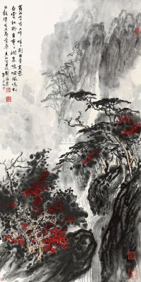 刘海粟 乙丑（1985）年作 涧泉红树 立轴