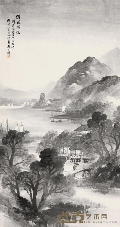 吴石僊 辛卯（1891）年作 烟雨归帆 立轴 150.5×80cm