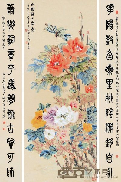 孔小瑜 马公愚 壬午（1942）年作 富贵图 篆书十二言 （三件） 镜框 画110×44.5cm；书132.5×16cm×2