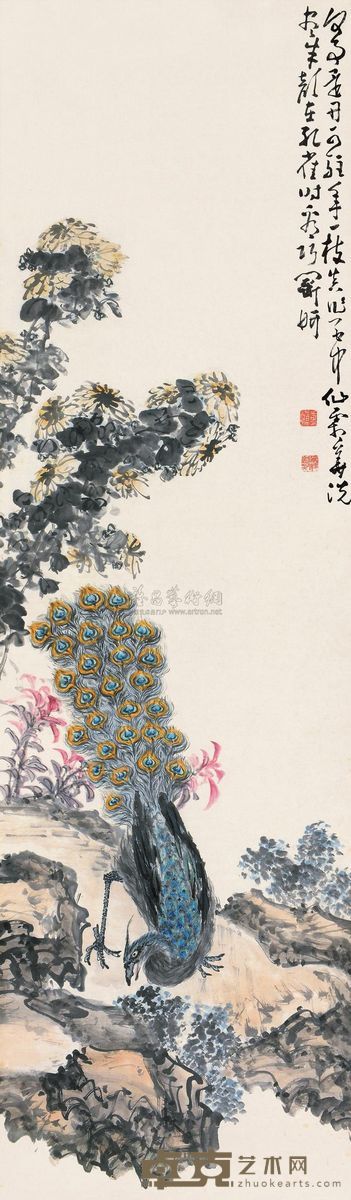 黄慎 秋卉孔雀 立轴 178×53cm