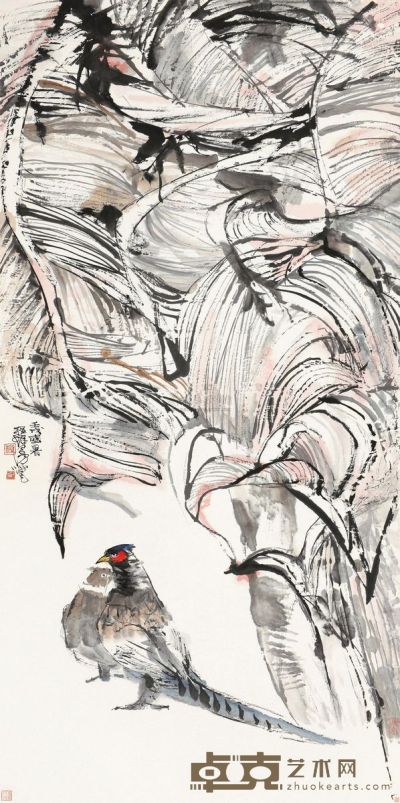 程十发 壬戌（1982）年作 芭蕉雉鸡 立轴 137×68cm