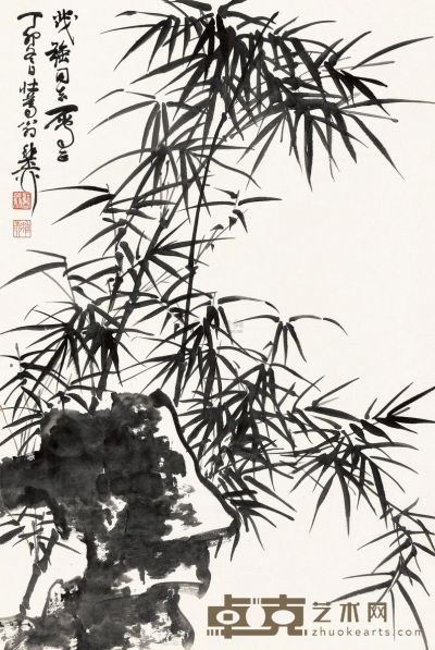 谢稚柳 丁卯（1987）年作 竹石图 镜片 68×46cm