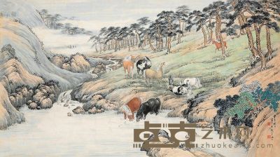 房毅 癸未（1943）年作 溪山八骏 镜片 69.5×124cm