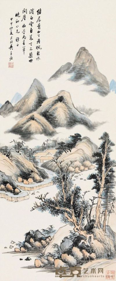 吴子深 甲申（1944）年作 青山结屋 屏轴 90.5×38cm