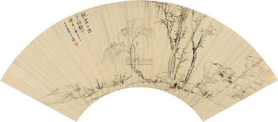 查士标 丁巳（1677）年作 溪干烟树 扇片