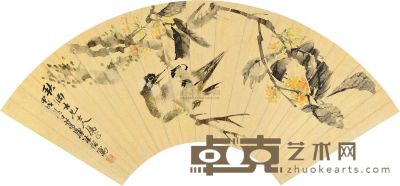 朱偁 甲戌（1874）年作 秋禽图 扇片 18.5×52cm