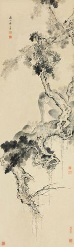 张问陶 古柏双猿 立轴