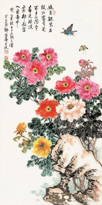 郁文华 乙酉（2005）年作 天香国色 镜片 137.5×68.5cm
