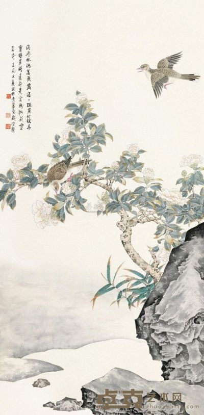 顾潜馨 壬辰（2012）年作? 茶花双鸠 立轴 136.5×68cm