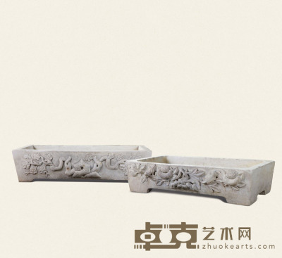 清·汉白玉花卉纹长方形石盆一对 70×36×17cm  73×38×17cm
