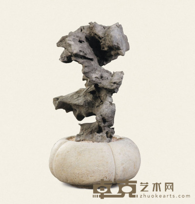 明·白石瓜形石盆连英石立峰 42×42×73cm