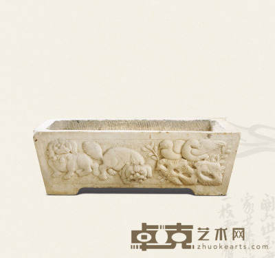 清·汉白玉浮雕京巴犬长方形石盆 73×73×24cm