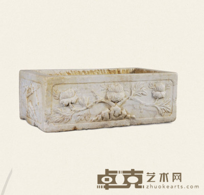 明·汉白玉浮雕花卉纹长方形石盆 57×37×27cm