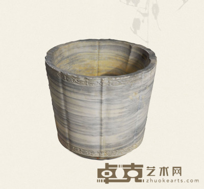 清·青白石花卉纹圆形石盆 48×48×41.5cm