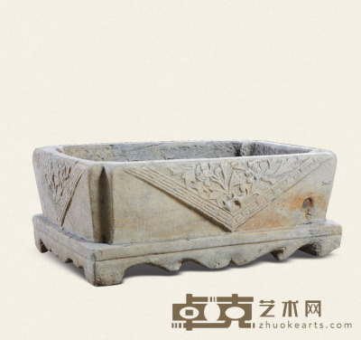 清·汉白玉披巾花卉纹长方形石盆 62×40×24cm