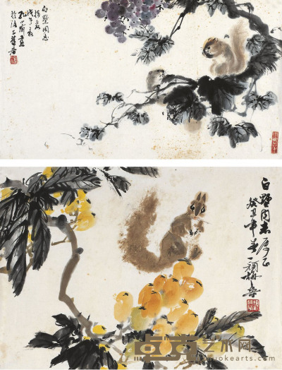 孔小瑜 颜梅华 松鼠葡萄图  松鼠枇杷图 30.5×54cm 35×48.5cm