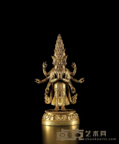 清乾隆·铜鎏金十一面观音立像 高：17.3cm