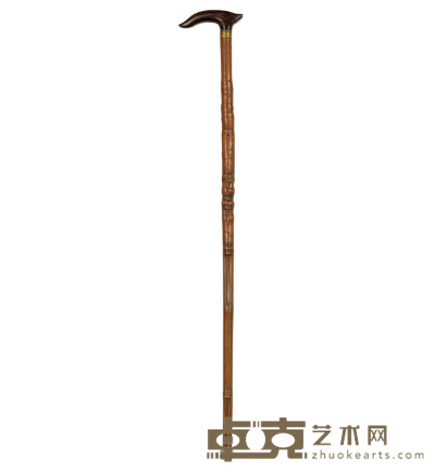 清·竹雕梅兰竹菊拐杖 长：92cm