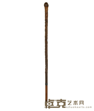 近代·叶田生刻诗文小景竹雕拐杖 长：91.5cm