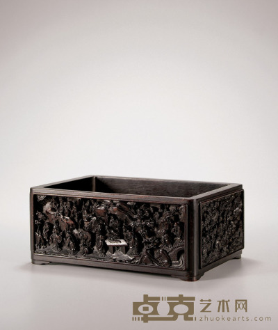 清·紫檀木雕西园雅集文具盒 高：8.7cm 长：21.6cm 宽：15.2cm