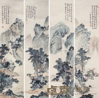 溥儒 山水 四屏立轴 129×32cm×4