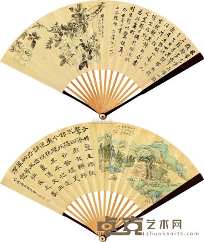 张熊 董耀 癸丑（1853）年作 月季图 草阁图 成扇 19×57cm