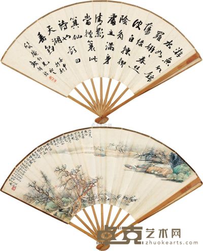 吴琴木 钱振锽 辛未（1931）年作 壬申（1932）年作 江枫渔火 行书 成扇 19×49cm
