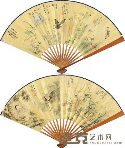 汤世澍 等 壬申（1872）年作 人物蝴蝶 成扇 18.5×53cm