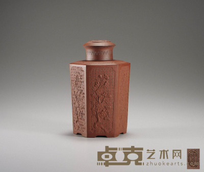 清中期·仲侯款紫泥印花六方茶叶罐 4×17.5 cm