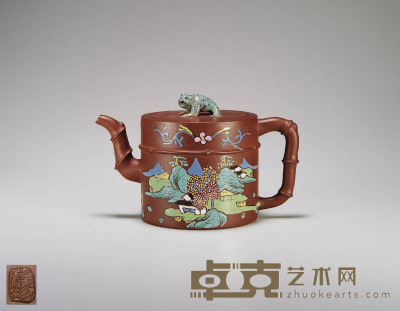 清嘉庆·汉珍款紫泥加彩山水纹蟾蜍钮竹节壶 18.8×12 cm