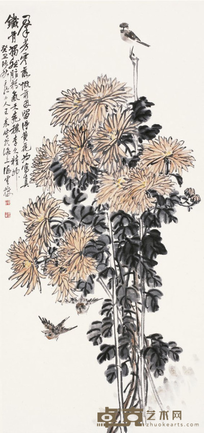 王 震 丛菊小鸟图 136.5×64.5cm