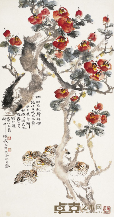 钱行健  山茶鹌鹑图 90×48.5cm