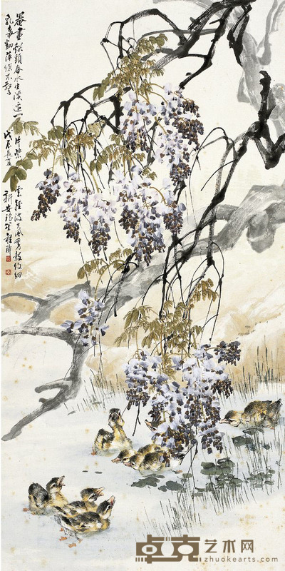 程 璋   春塘鸭戏图 136×68cm