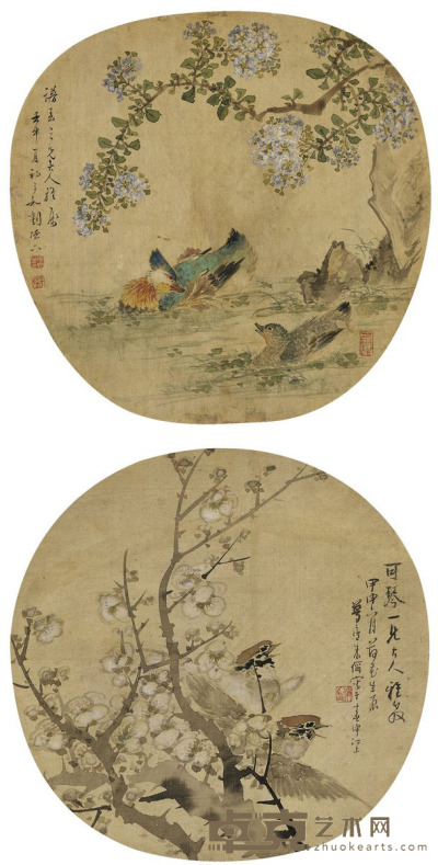 刘德六 朱 偁  花鸟 直径：25.5cm×2